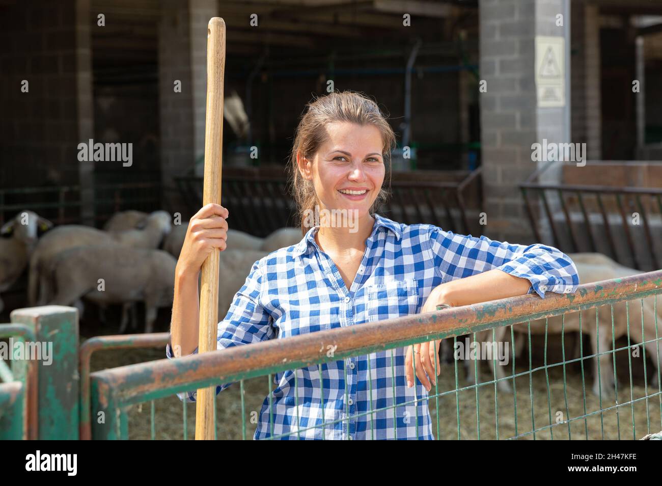 Positive junge Bäuerin posiert beim Bauern. Hochwertige Fotos Stockfoto