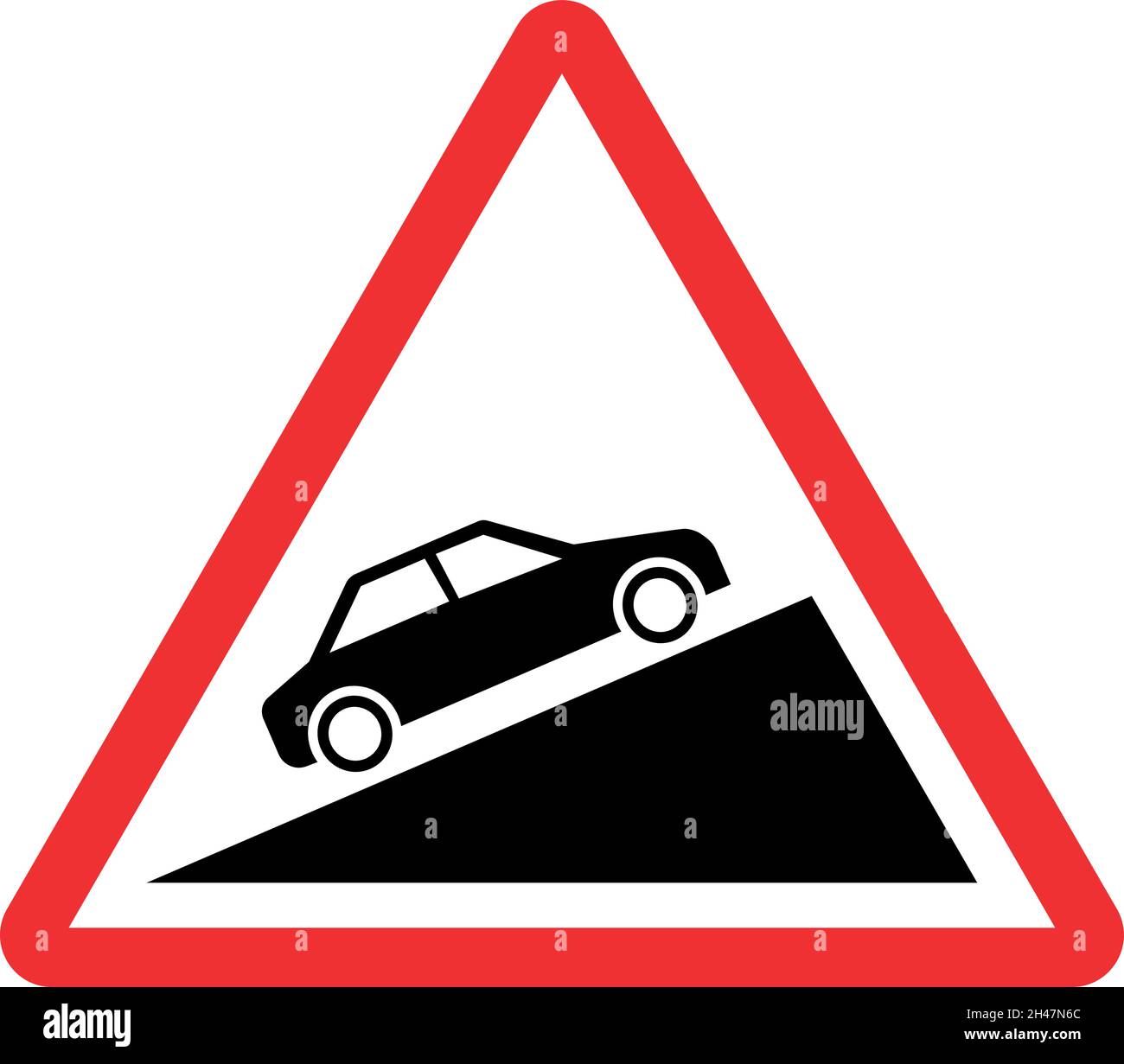 Steiler, bergauf fahrender Autowarnschild auf der Bergstraße. Roter Dreieckhintergrund. Stock Vektor