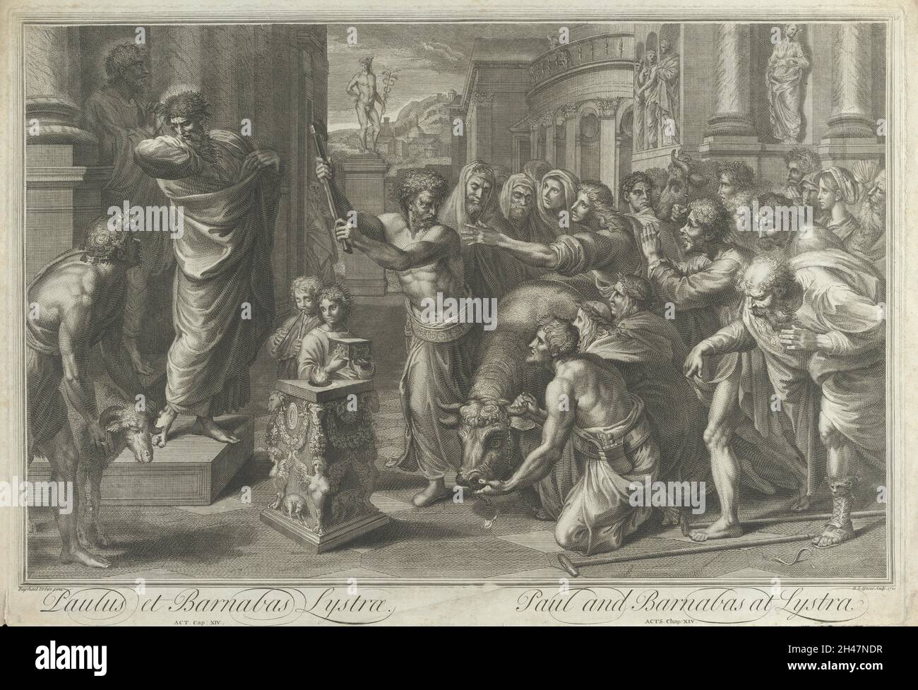 Nachdem sie einen Lahmen geheilt haben, werden die Apostel Paulus und Barnabas in Lystra für Götter gehalten; der Priester bringt ihnen ein Ochsenopfer. Radierung von B. Lépicié, 1721, nach Raphael. Stockfoto