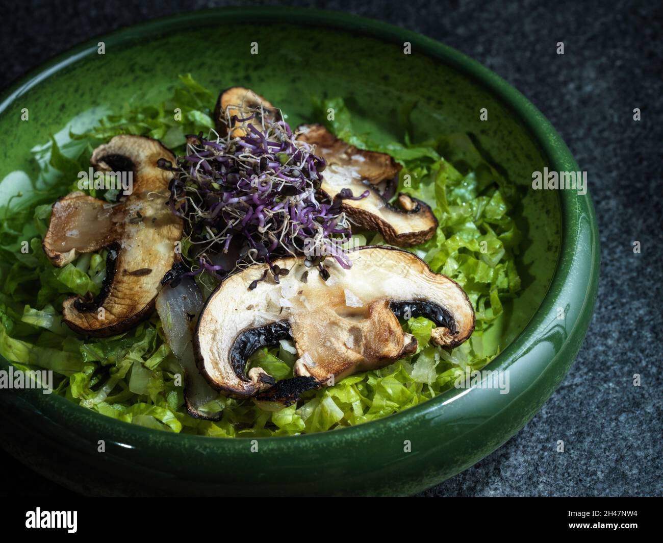 Sautierte portobello-Pilze und Zwiebeln mit violetter Kresse auf einem Salatbett Stockfoto