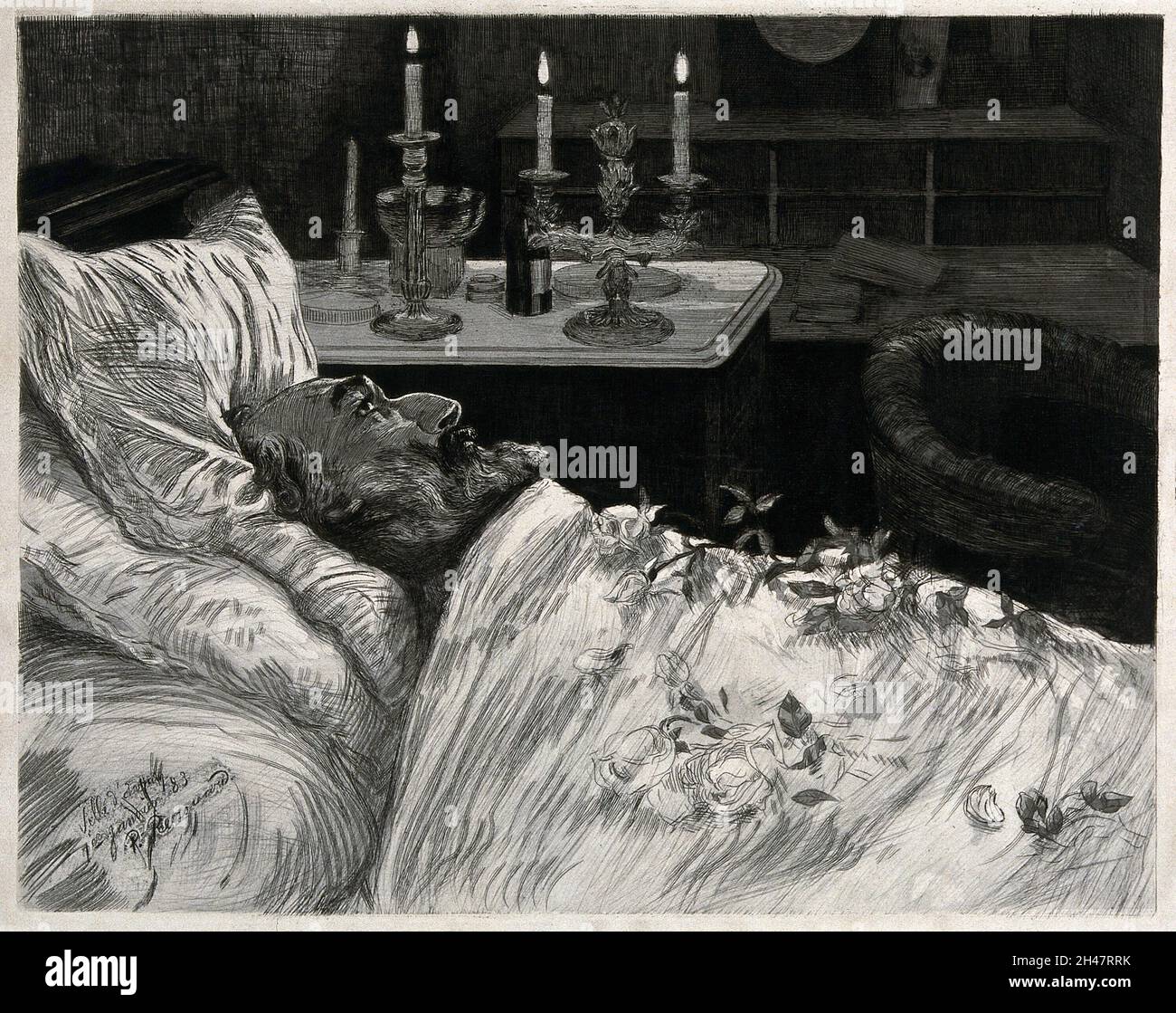 Leon Michel Gambetta auf seinem Sterbebett mit Rosen übersät. Radierung mit Trockenpunkt von Charles Paul Renouard, 1883. Stockfoto