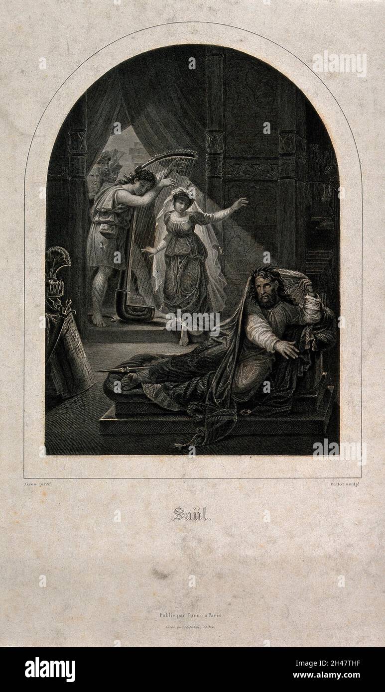 David spielt seine Harfe für einen verstörten Saul. Stahlstich von P. Vallot nach A. Gros. Stockfoto