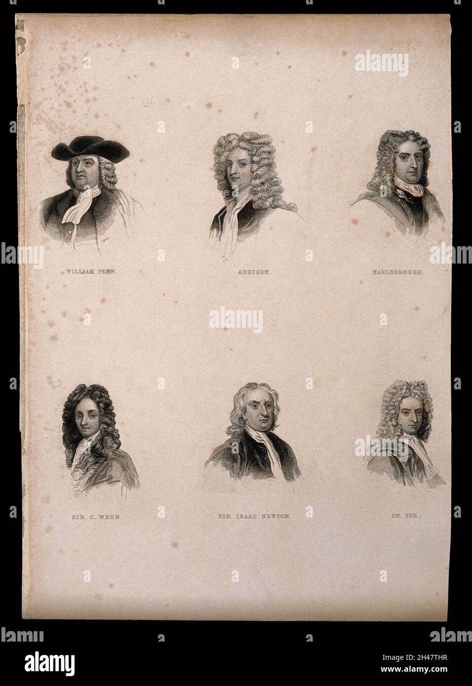 Sechs Porträts bedeutender Männer des 17. Jahrhunderts. Gravur. Stockfoto Sechs Porträts bedeutender Männer des 17. Jahrhunderts. Gravur. Stockfoto