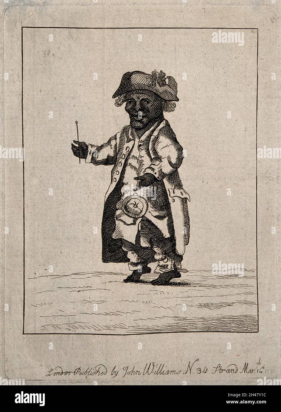 Ein männlicher Zwerg, exzentrisch gekleidet. Radierung, 1781. Stockfoto Ein männlicher Zwerg, exzentrisch gekleidet. Radierung, 1781. Stockfoto