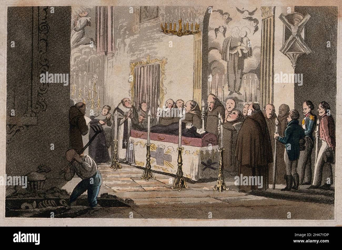 Mönche beklagen den Tod eines Mannes, der in einem Sarg vor ihnen in einer Kirche liegt. Farbiger Aquatinta. Stockfoto