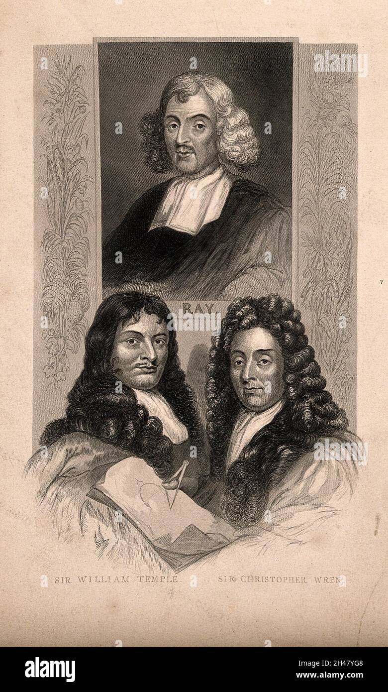 John Ray, Sir William Temple und Sir Christopher Wren. Gravur. Stockfoto