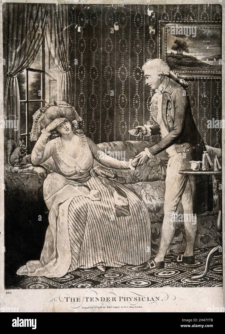 Ein junger Arzt, der die Hand einer Patientin hält, sitzt neben ihrem Kauen ein Eichhörnchen. Mezzotint. Stockfoto Ein junger Arzt, der die Hand einer Patientin hält, sitzt neben ihrem Kauen ein Eichhörnchen. Mezzotint. Stockfoto