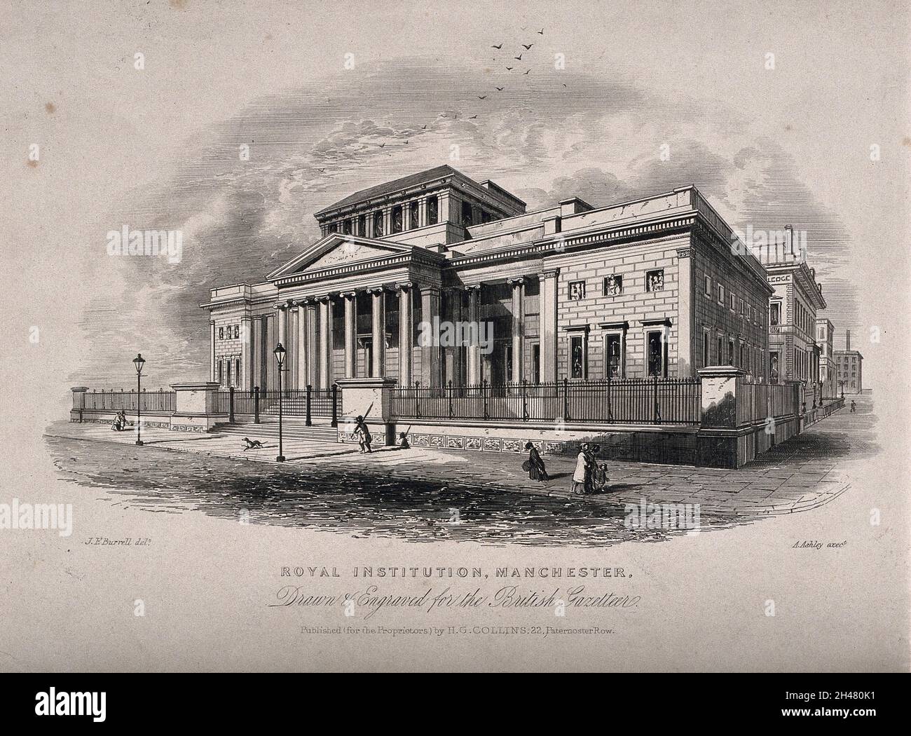 Royal Institution, Manchester, England. Linienstich von A. Ashley nach J.F. Burrell. Stockfoto