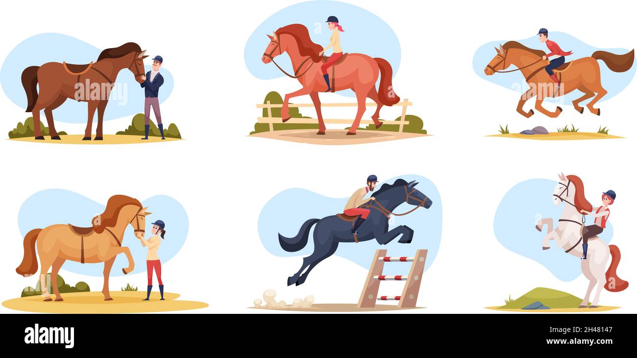 Reiterinnen und Reiter. Braun schwarz und weiß Hauspferde mit Reitern genaue Vektor-Cartoon-Illustration isoliert Stock Vektor