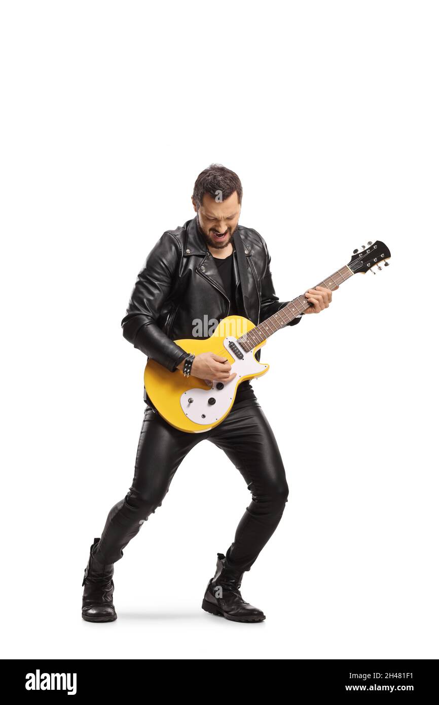 Rockmusiker spielt eine elektrische Gitarre isoliert auf weißem Hintergrund Stockfoto