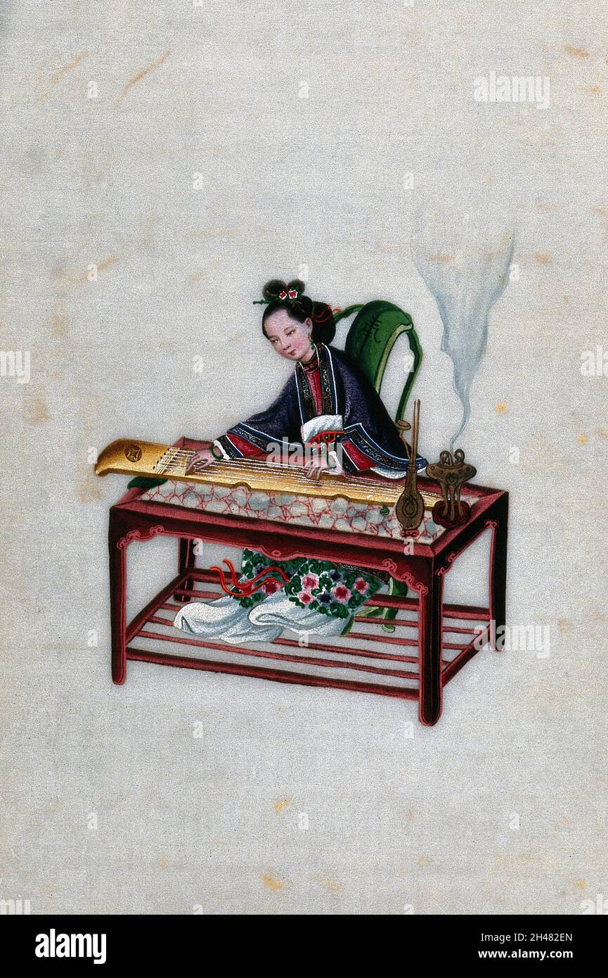 Eine Chinesin, die eine Zither spielt. Gemälde eines chinesischen Künstlers, ca. 1850. Stockfoto