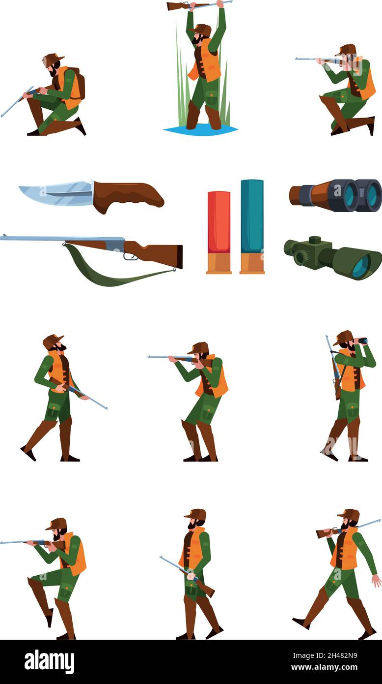 Jagdattribute. Hunter in Rüstung Kleidung mit Rüschen Pistole Jagd hirn Waffen Fernglas Falle Reiseführer grellen Vektor flache Bilder Set Stock Vektor