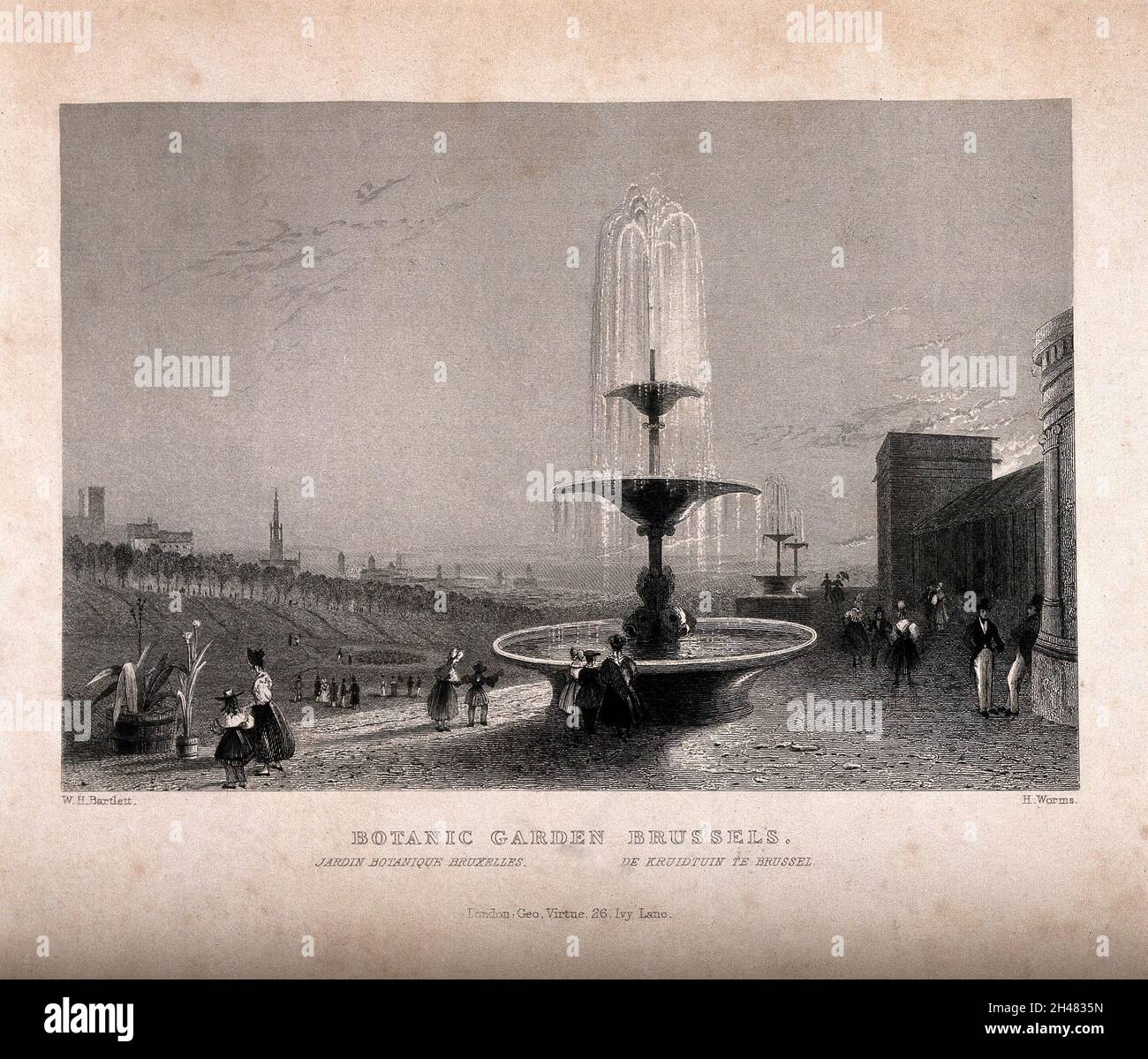 Der Botanische Garten mit der Stadt Brüssel im Hintergrund. Linienstich von H. Worms nach W.H. Bartlett. Stockfoto