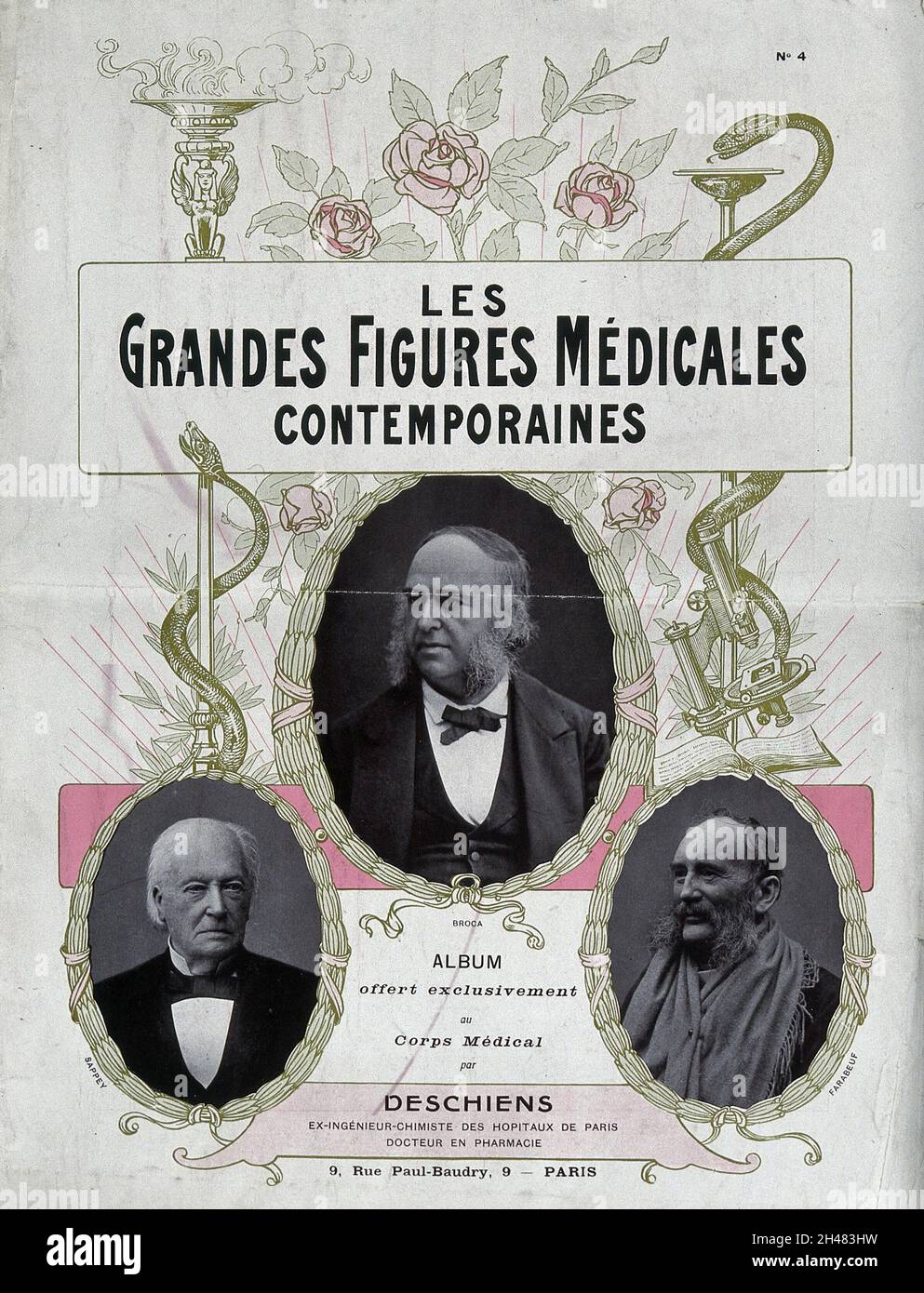 Paul Broca, Louis Hubert Farabeuf und Philibert Constant Sappey: Jeweils in einer Runde, umgeben von Blumen und medizinischen Motiven. Prozessdruck, ca. 1900. Stockfoto