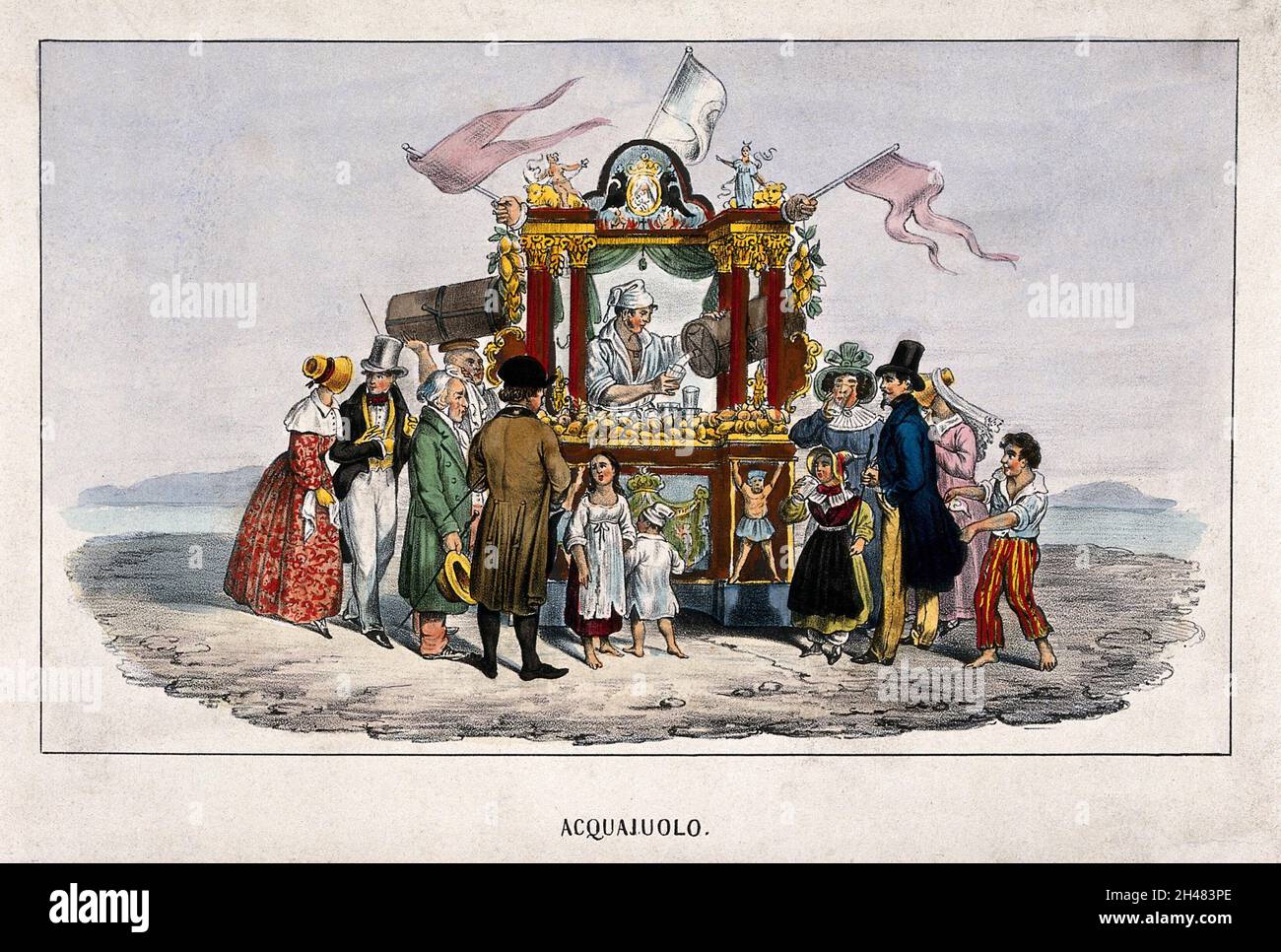 Familiengruppen und Reisende in Neapel kaufen Wasser an einem Stand eines Wasserverkäufers. Farbige Lithographie. Stockfoto