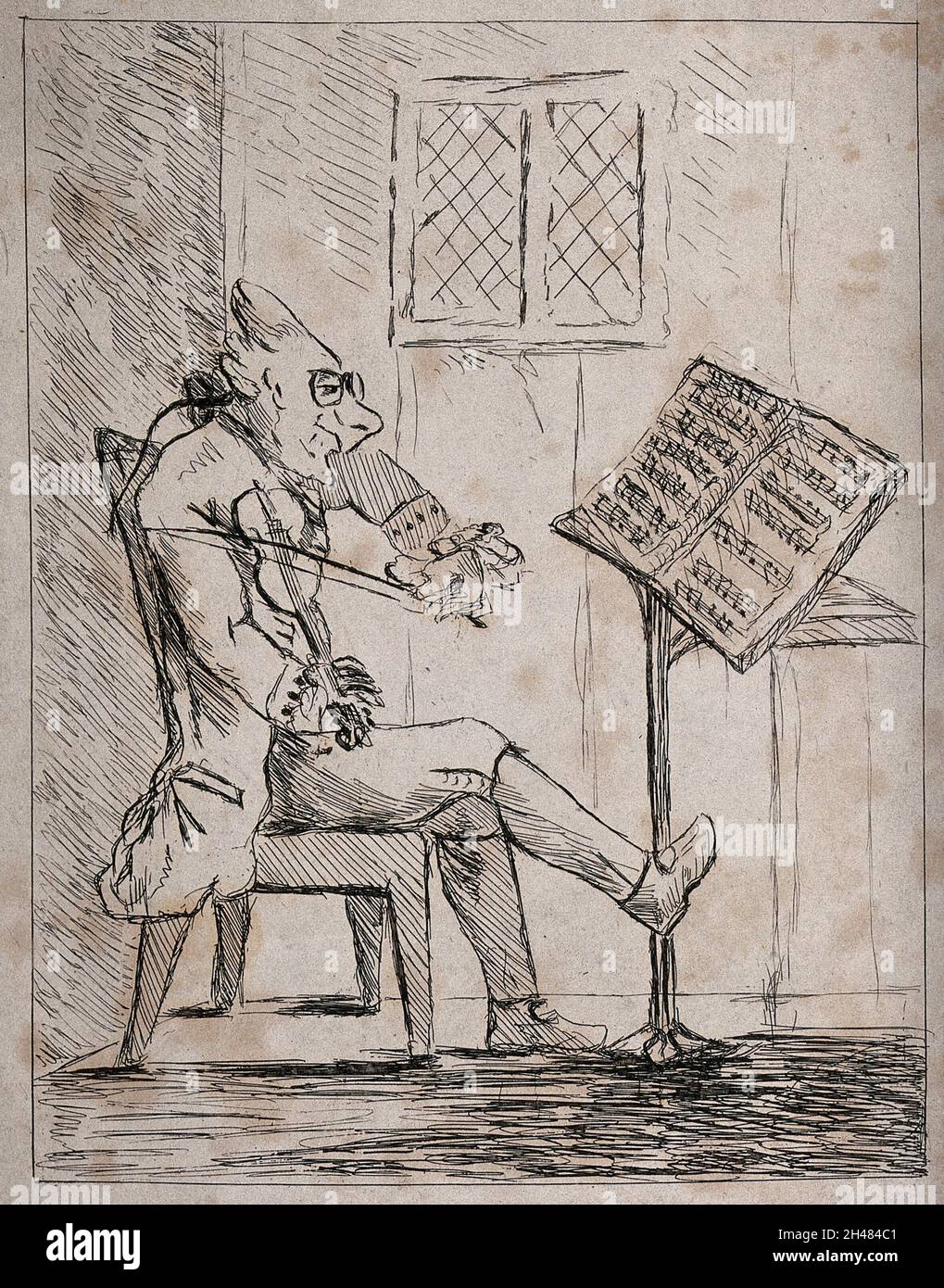 Ein Mann spielt eine Geige, während er sich die Partitur auf einem Stand vor ihm ansieht. Radierung, die James Bretherton zugeschrieben wird. Stockfoto