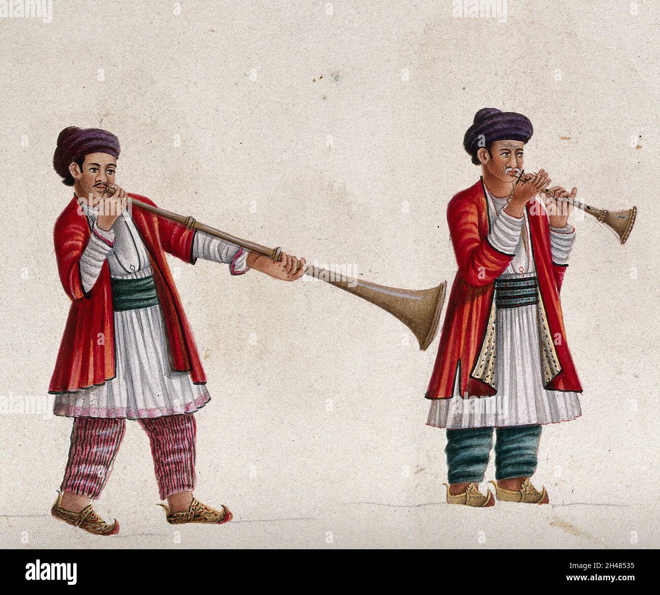Zwei Musiker spielen das Shehnai (?), ein indisches Blasinstrument. Gouache-Gemälde eines indischen Künstlers. Stockfoto