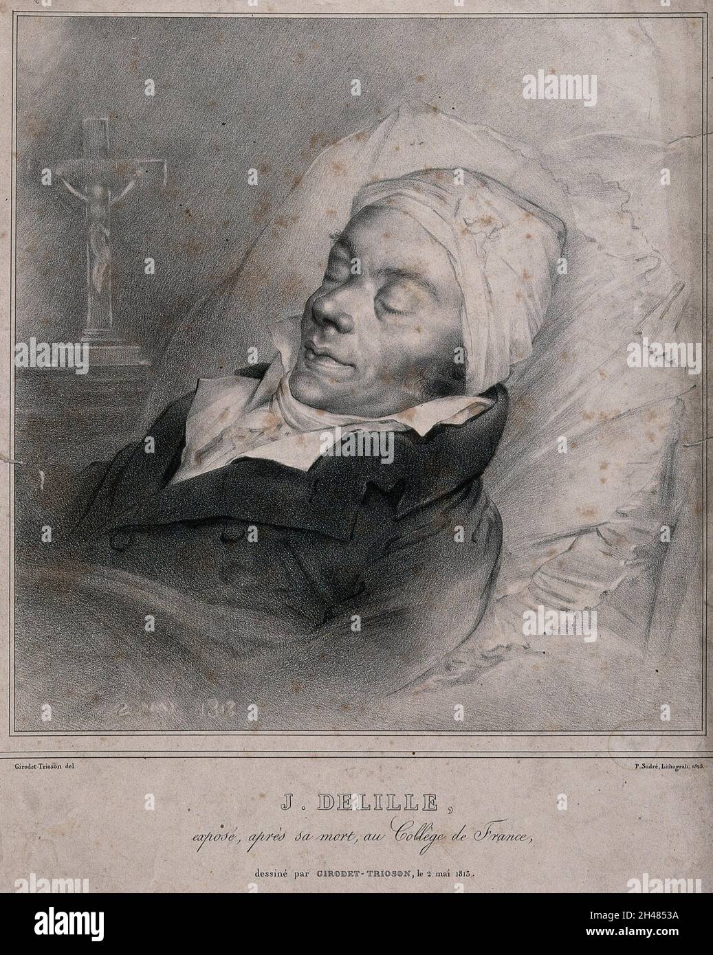Jacques Delille liegt im Staat im Collège de France in Paris. Lithographie von Jean Pierre Sudré, 1825, nach einer Zeichnung von A.L. Girodet de Roucy-Trioson, 1813. Stockfoto