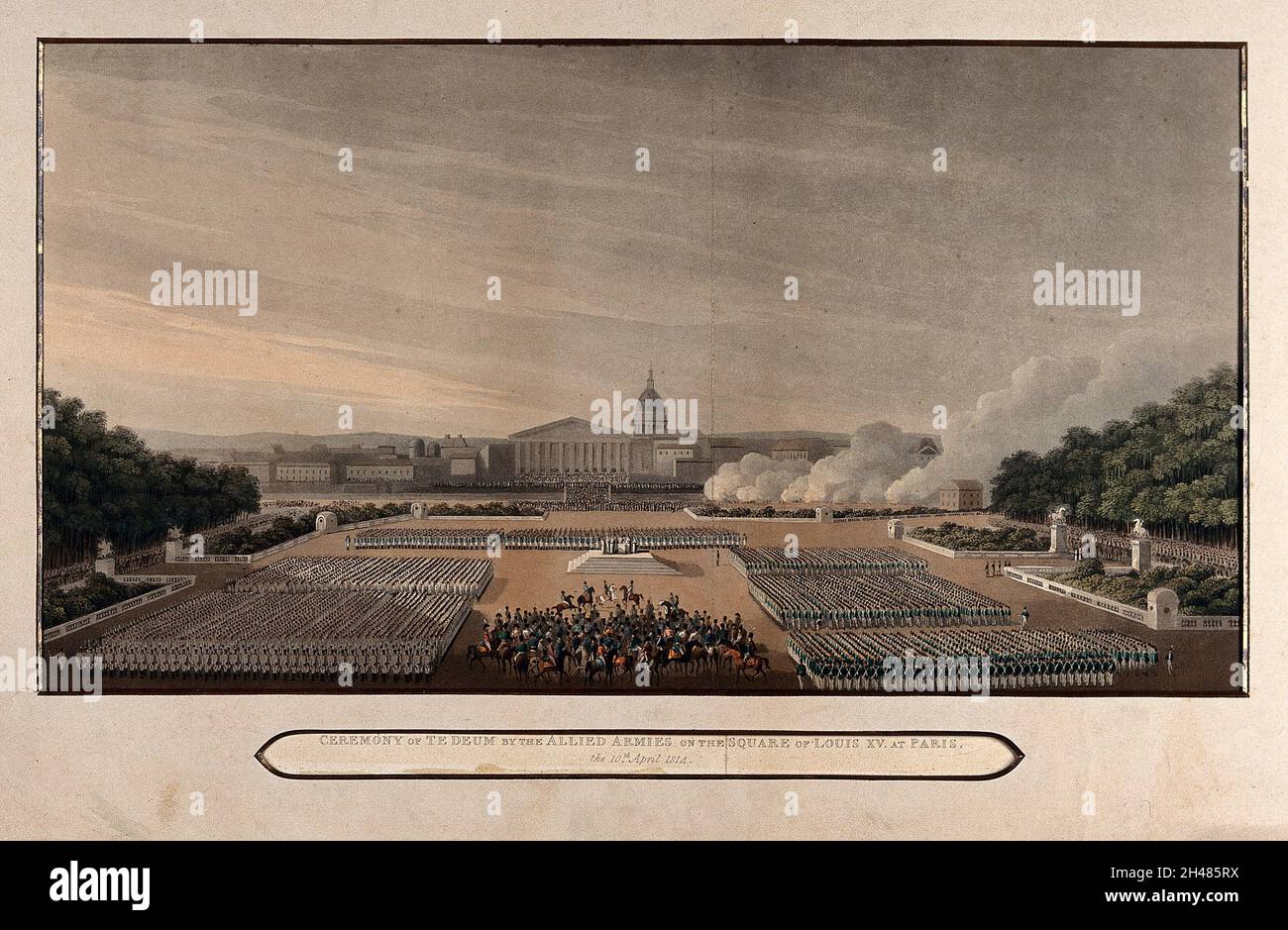 Eine Dankeszeremonie der alliierten Armeen auf dem Platz von Louis XV in Paris. Farbiger Aquatinta. Stockfoto