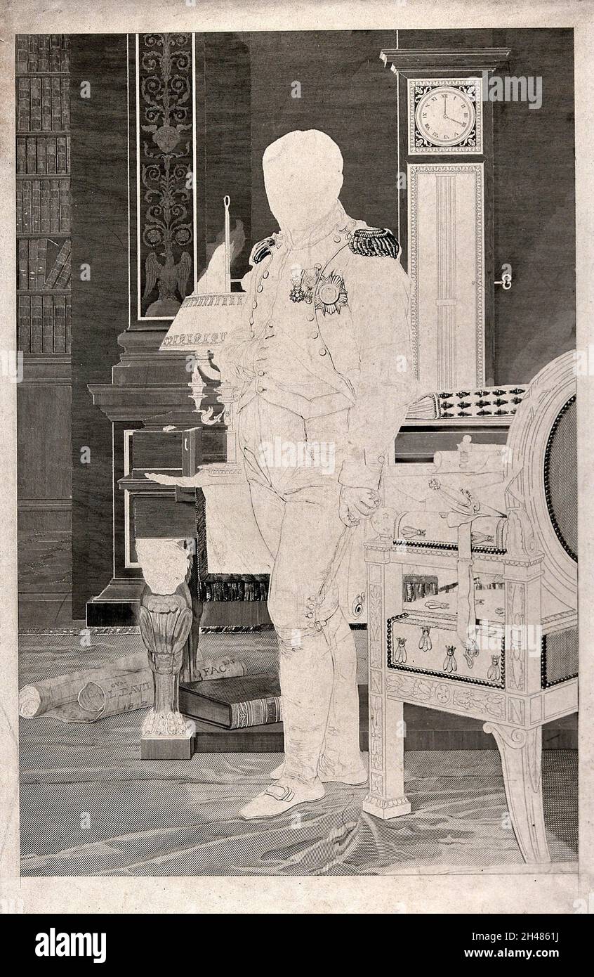 Napoleon Bonaparte in seinem Arbeitszimmer. Gravur, unvollendet, nach J.-L. David, 1812. Stockfoto