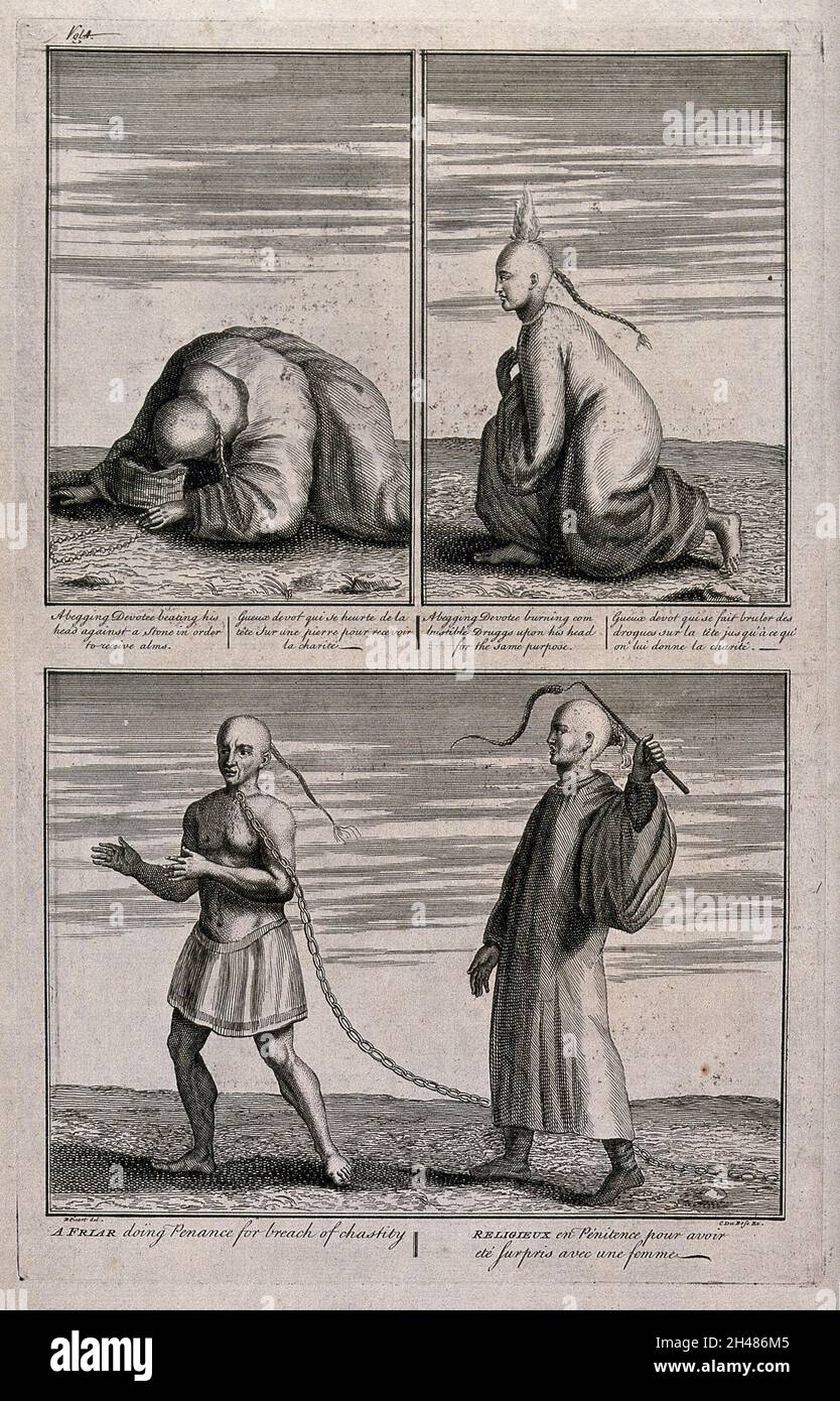Oben: Chinesische Männer, die Almosen suchen, indem sie drohen, sich selbst durch Selbstverstümmelung zu töten, einer (links) kniete, um seinen Kopf gegen einen Felsen zu schlagen, und der andere (rechts) mit brennenden Kräutern auf seinem Kopf; unten wurde ein Mönch als Strafe für Promiskuität gepeitscht. Stich von C. Du Bosc nach B. Picart nach J. Nieuhof. Stockfoto