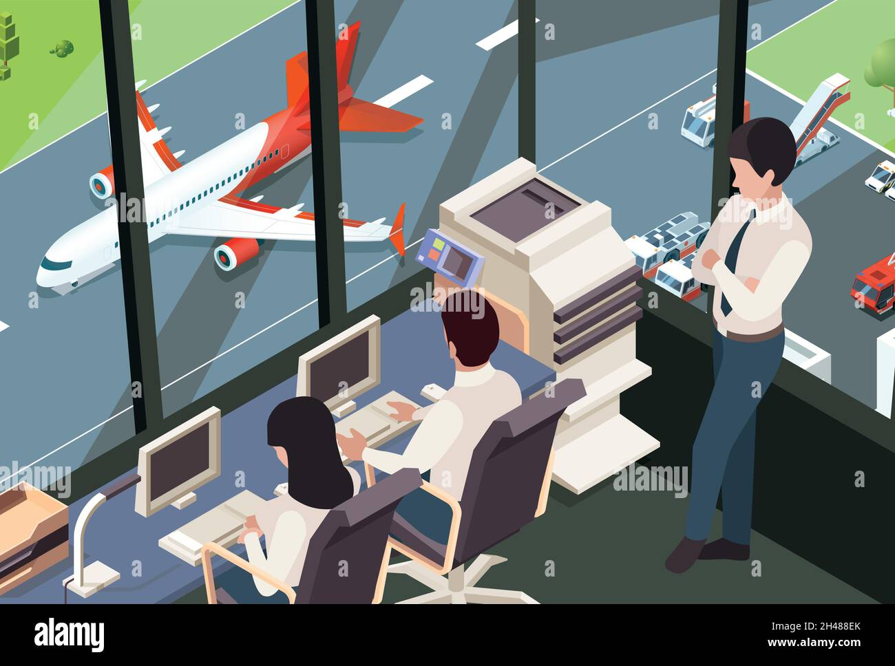 Flugkommandozentrum. Flugzeug Tracking Controlling Team Flughafen Startraum mit Überwachungsfeld grellen Vektor flachen Hintergrund Stock Vektor