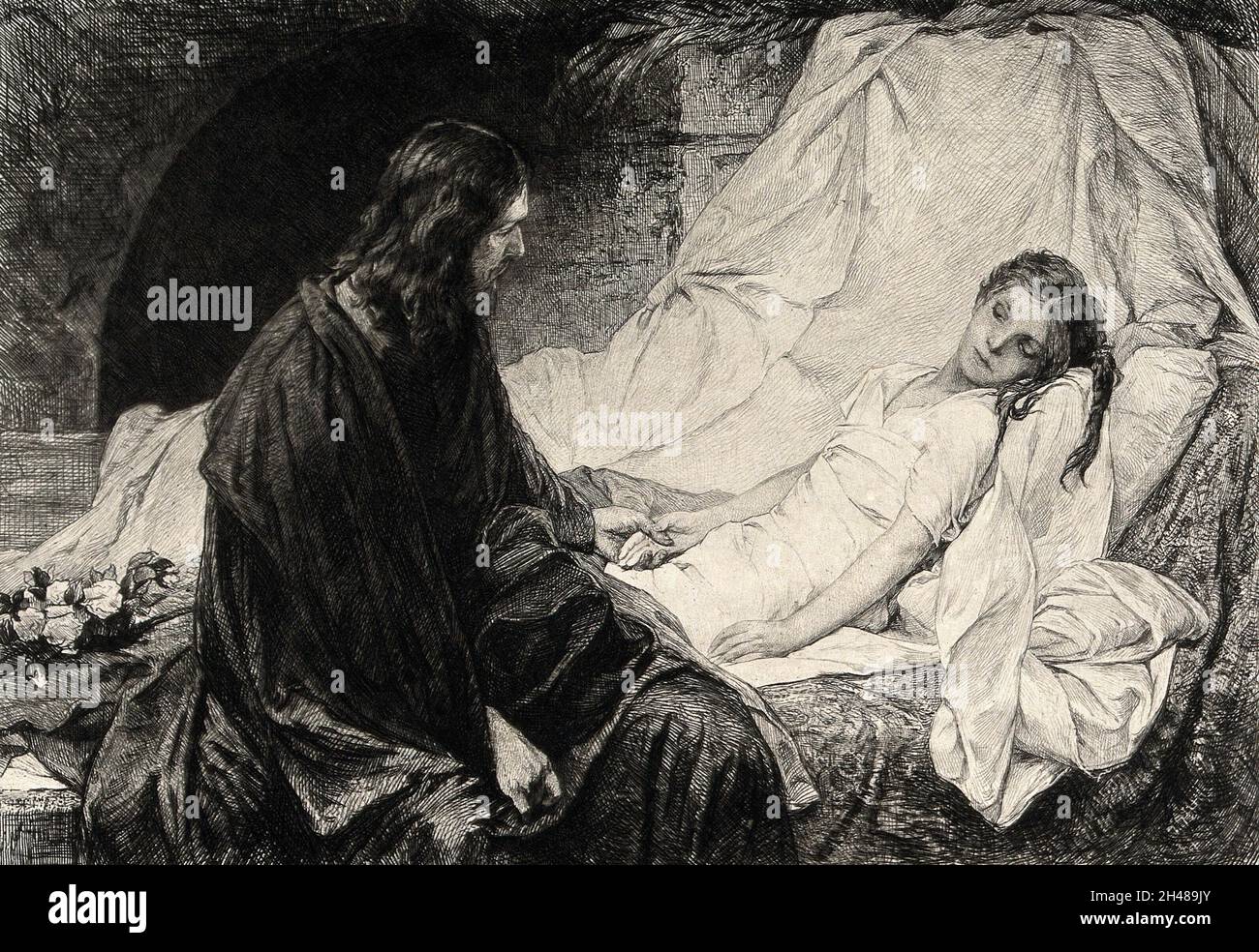 Christus sitzt am Bett von Jairus's kränkender Tochter. Radierung nach G.C. von. Max. Stockfoto