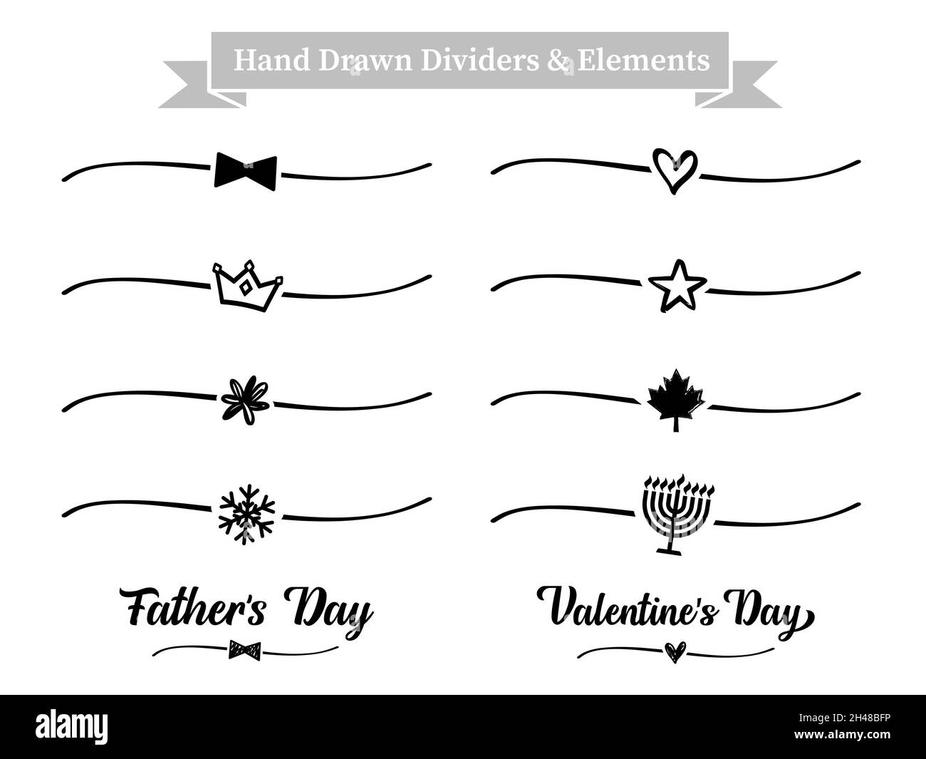 Handgezeichnete Trennwände für den Urlaub. Bogen, Herz, Schnee, Blatt, Blume, Stern, Krone, Menora für weihnachten, Hochzeit, Mütter oder Väter Tag Stock Vektor