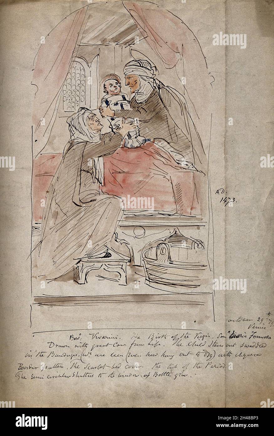 Die Geburt der Jungfrau Maria, die Hebamme Hände das Baby Maria (in Windeln) zu ihrer Mutter Anne. Farbige Federzeichnung nach einem Gemälde von B. Vivarini, 1473. Stockfoto
