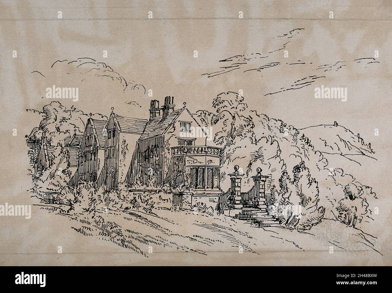 Lea Hurst, Heimat der Familie von Florence Nightingale in Derbyshire. Lithographie. Stockfoto