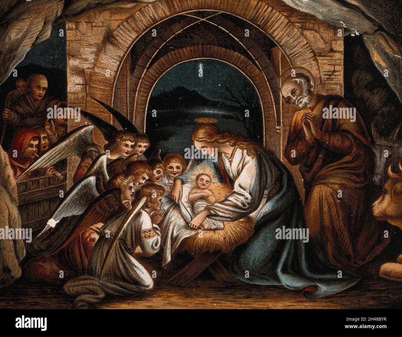 Engel beten bei der Geburt Christi. Chromolithographie. Stockfoto