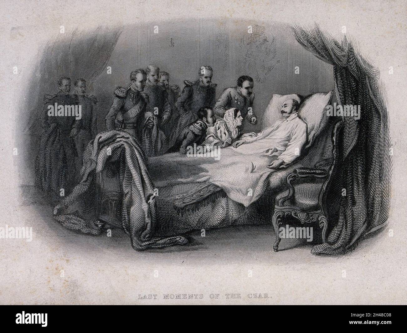 Zuschauer versammeln sich um das Bett des sterbenden Zaren. Gravur. Stockfoto