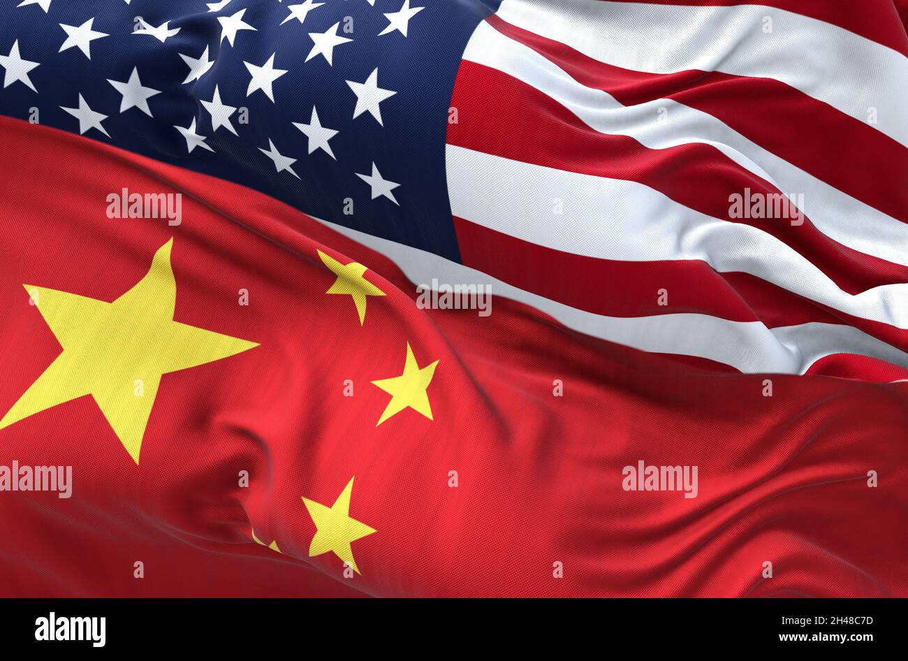 Die Flaggen von China und den Vereinigten Staaten von Amerika winken. Internationale Beziehungen und Diplomatie. Stockfoto