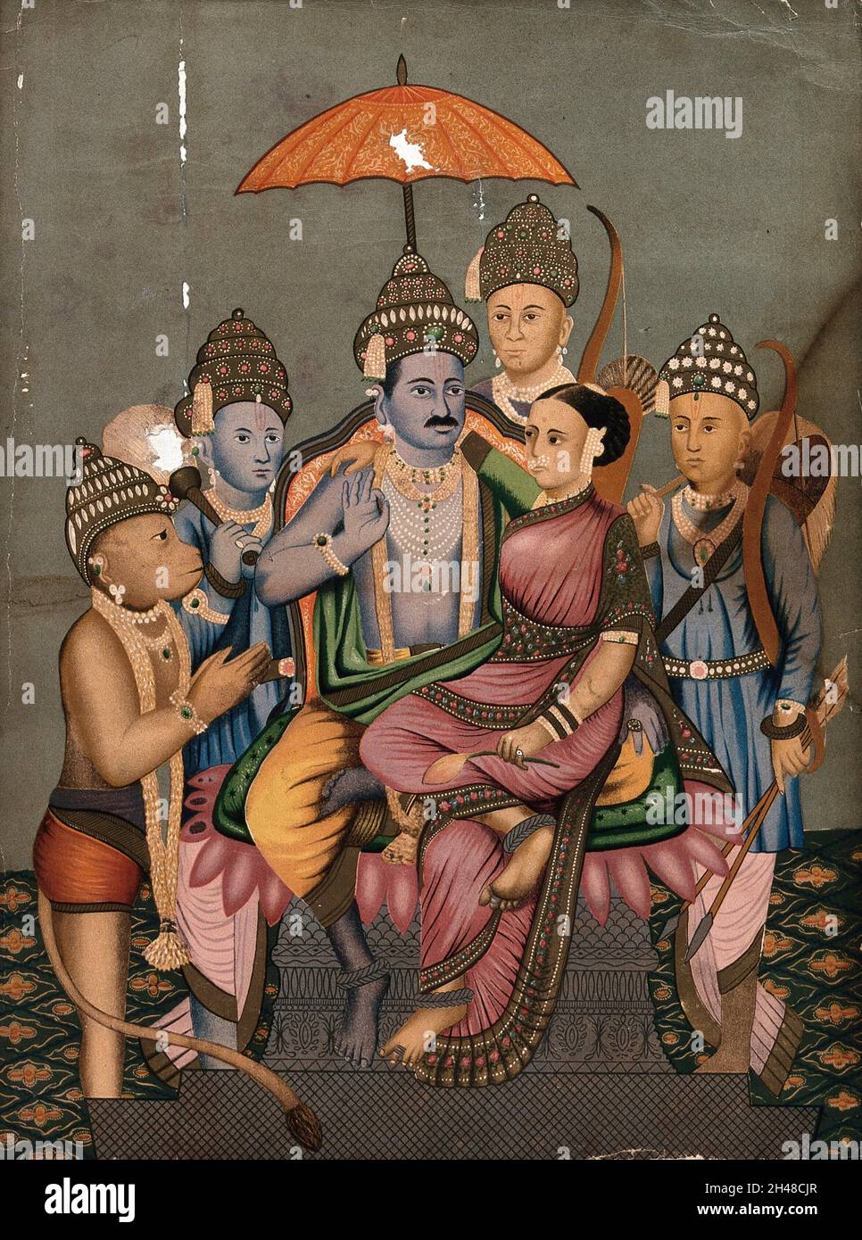 Bharata Rama Rama und Sita thronen, begleitet von Hanuman, Bharata und Laksmana ...