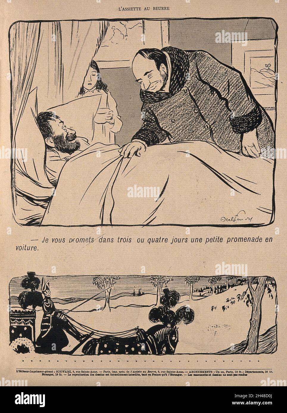 Auf dem ersten Bild verspricht ein Arzt einem Patienten in wenigen Tagen eine Autofahrt, auf dem zweiten Bild ein feierlich abfahrendes Leichenwagen. Drucken nach J-A. verarbeiten Faivre, 1902. Stockfoto