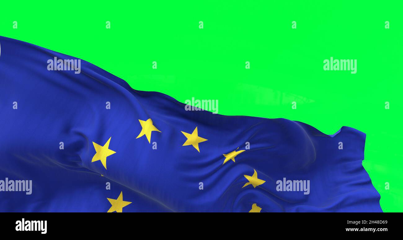 Detail der Flagge der Europäischen Union, die im Wind winkt. Wirtschaft und Finanzen der Gemeinschaft. Politik und Wirtschaft. Transnationale politische Regierung. Stockfoto