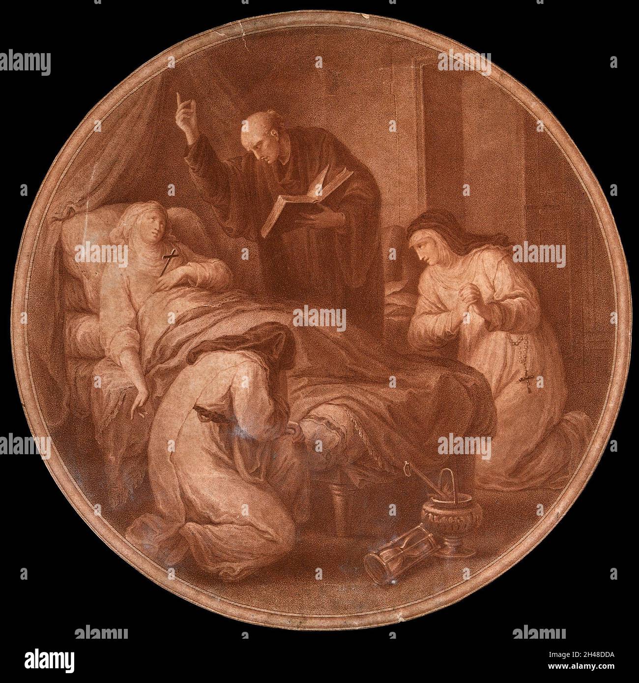 Ein Priester, der einer sterbenden Nonne eine extreme Salbung verabreichte. Farbstich. Stockfoto