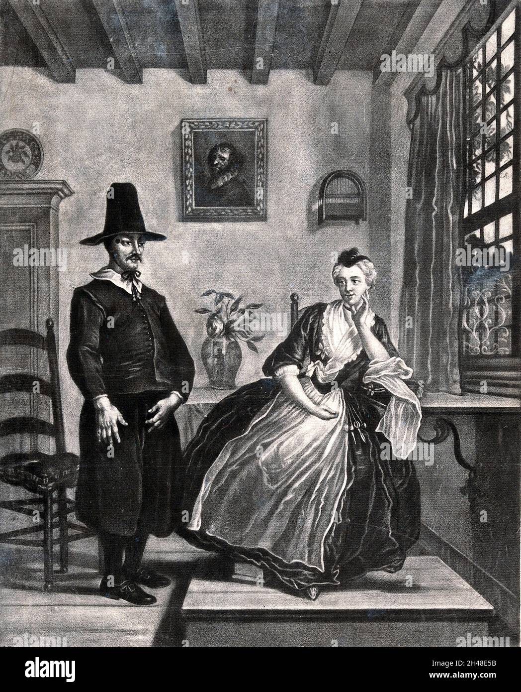 Eine junge Frau sitzt und lauscht verachtet den Liebeserklärungen eines Mannes. Mezzotint von Wilson nach C. Troost. Stockfoto