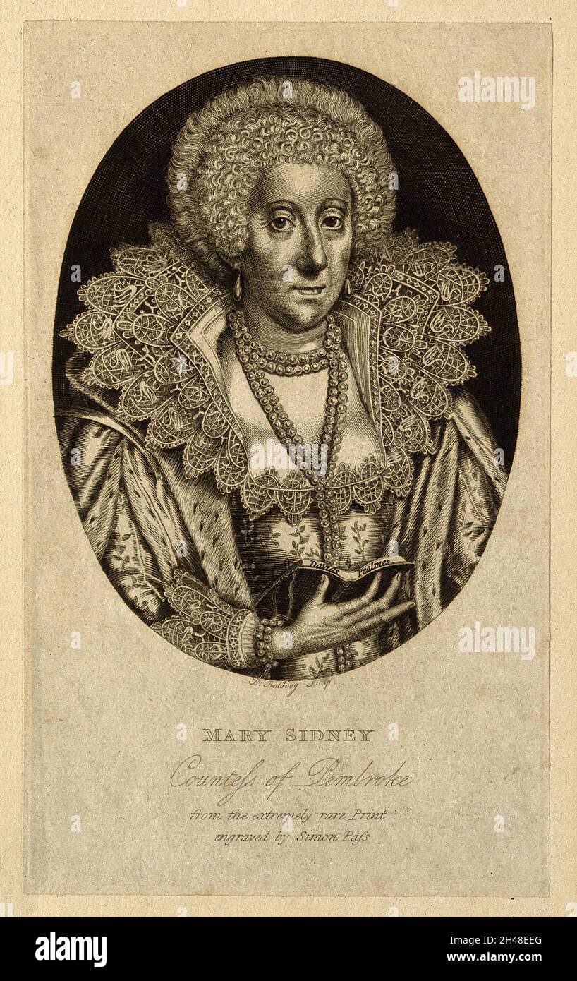 Mary Sidney Herbert, Gräfin von Pembroke. Linienstich von B. Reading nach S. van der Passe. Stockfoto