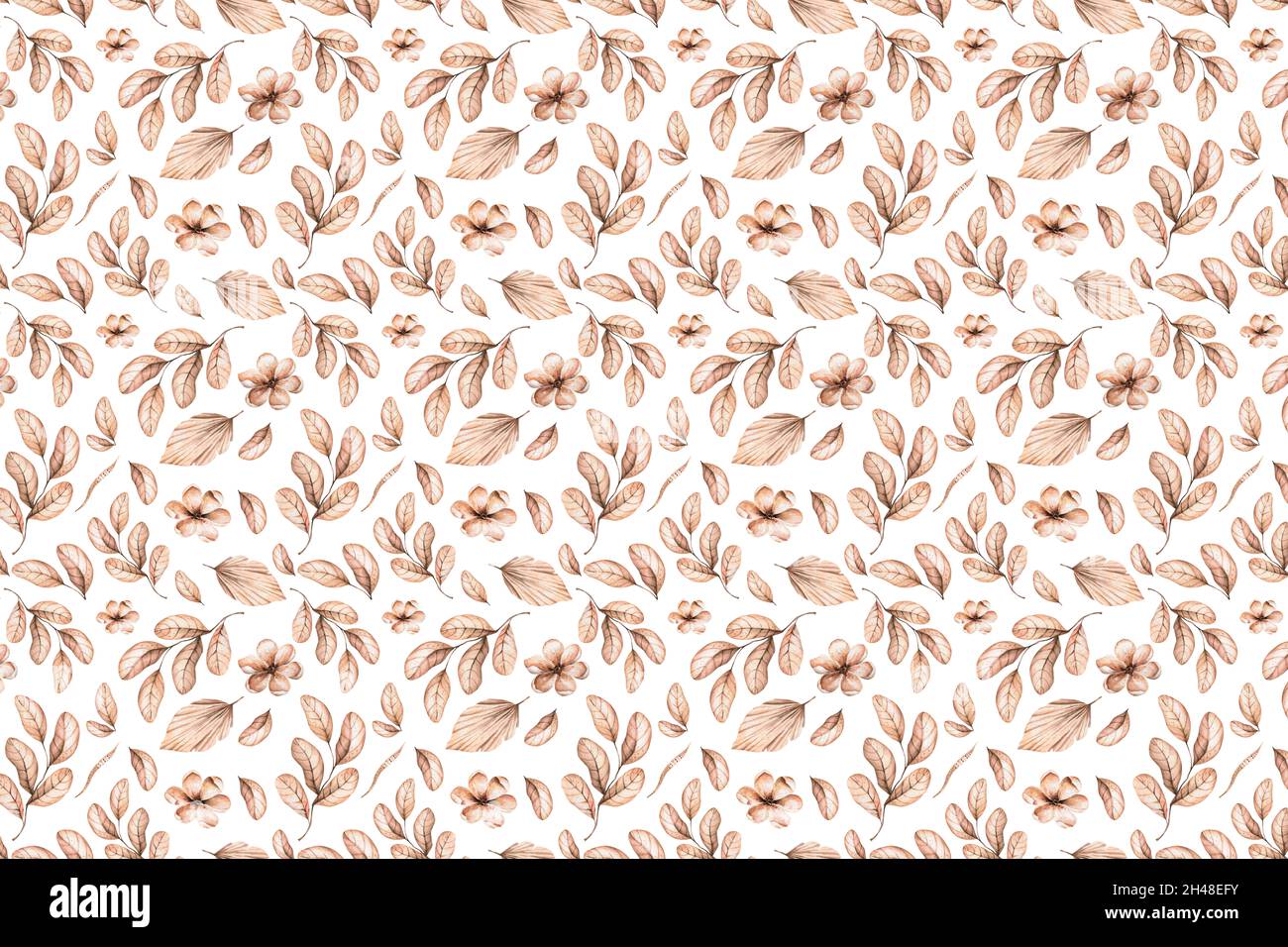 Aquarell-Boho-Nahtloses Muster - handbemalte tropische Blüten aus weißer Orchidee, Palmblättern und Ästen von Pampas. Romantisches Blumenset perfekt für Stockfoto