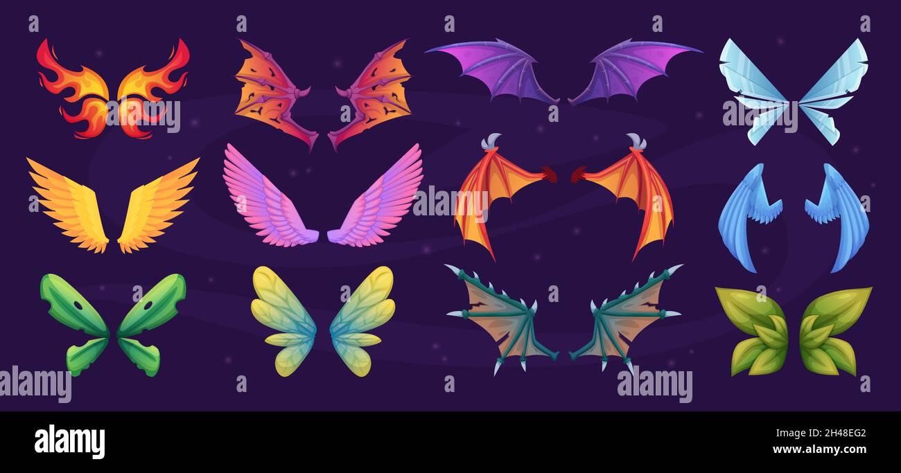 Drachenflügel. Märchenhafte Körperteile fliegender Kreaturen Fantasy Dämon große Flügel mit Federn genaue Vektor farbige Illustrationen Stock Vektor