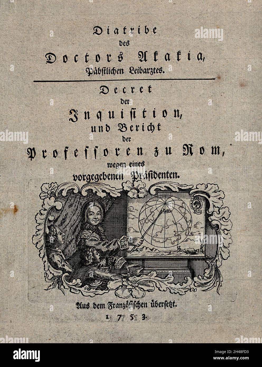 Pierre-Louis Moreau de Maupertuis wies zwei sitzende Kinder auf die Länge eines Grades über die Länge des Meridians in Lappland hin. Radierung, 1753. Stockfoto