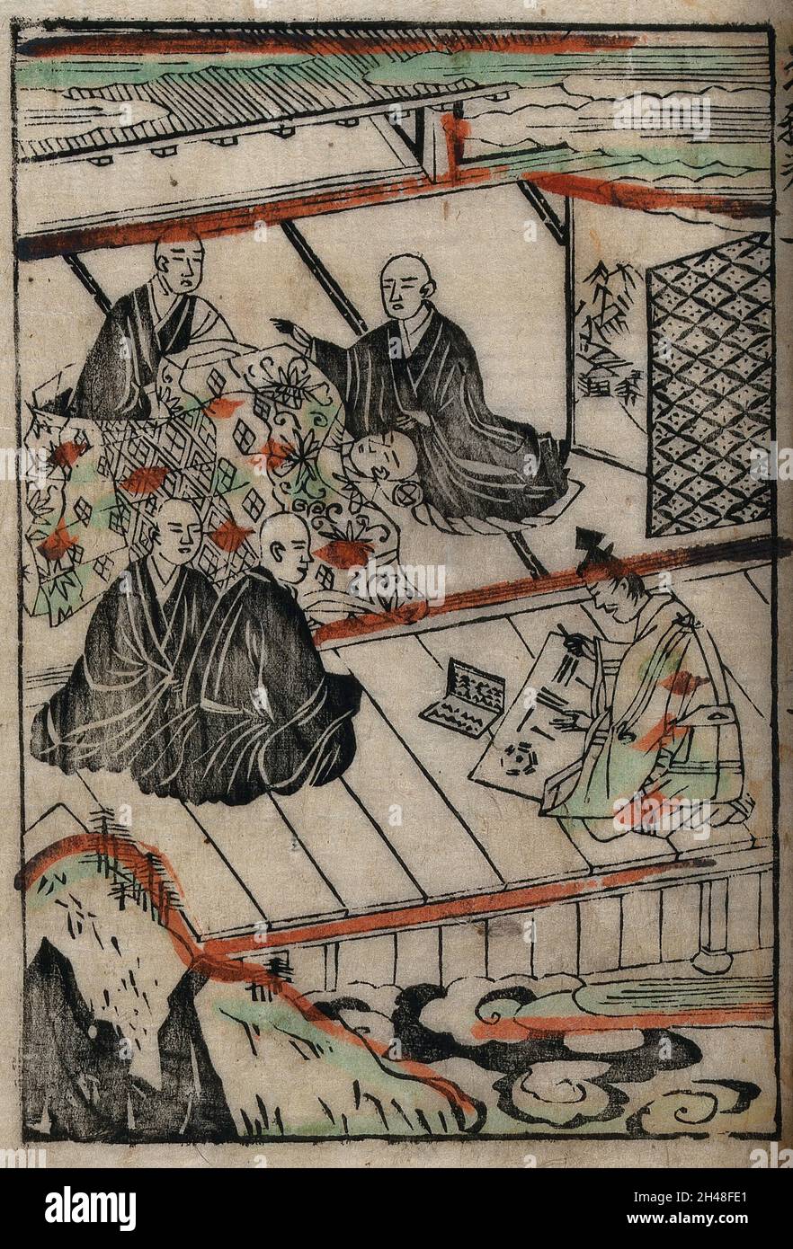 Abe no Seimei, der taoistische Astrologe, sagt den bevorstehenden Tod des Priesters Chika an seinem Bett voraus; ein junger Mönch, Shoku, bietet sein Leben an, um das des sterbenden Mannes zu retten. Kolorierter Holzschnitt, 1646. Stockfoto