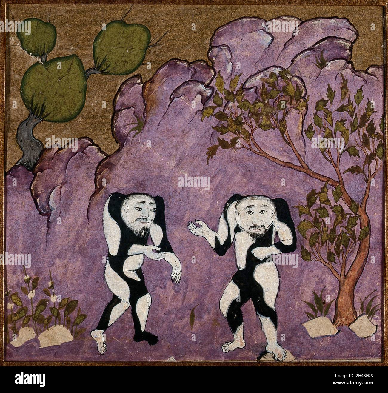 Ein Paar fabelhafter Kreaturen, menschlich im Aussehen, aber ohne Hals und mit schwarz-weißen Mustern über ihren Körpern. Gouache-Gemälde eines persischen Künstlers, ca. 1600 (?). Stockfoto