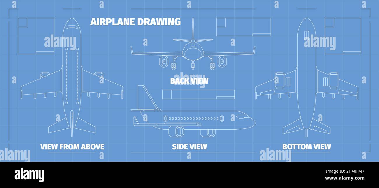 Flugzeuglayout. Ansichten von Ebenen verschiedene Seiten Schema für Konstruktoren und Designer grellen Vektor Illustration Vorlage Stock Vektor