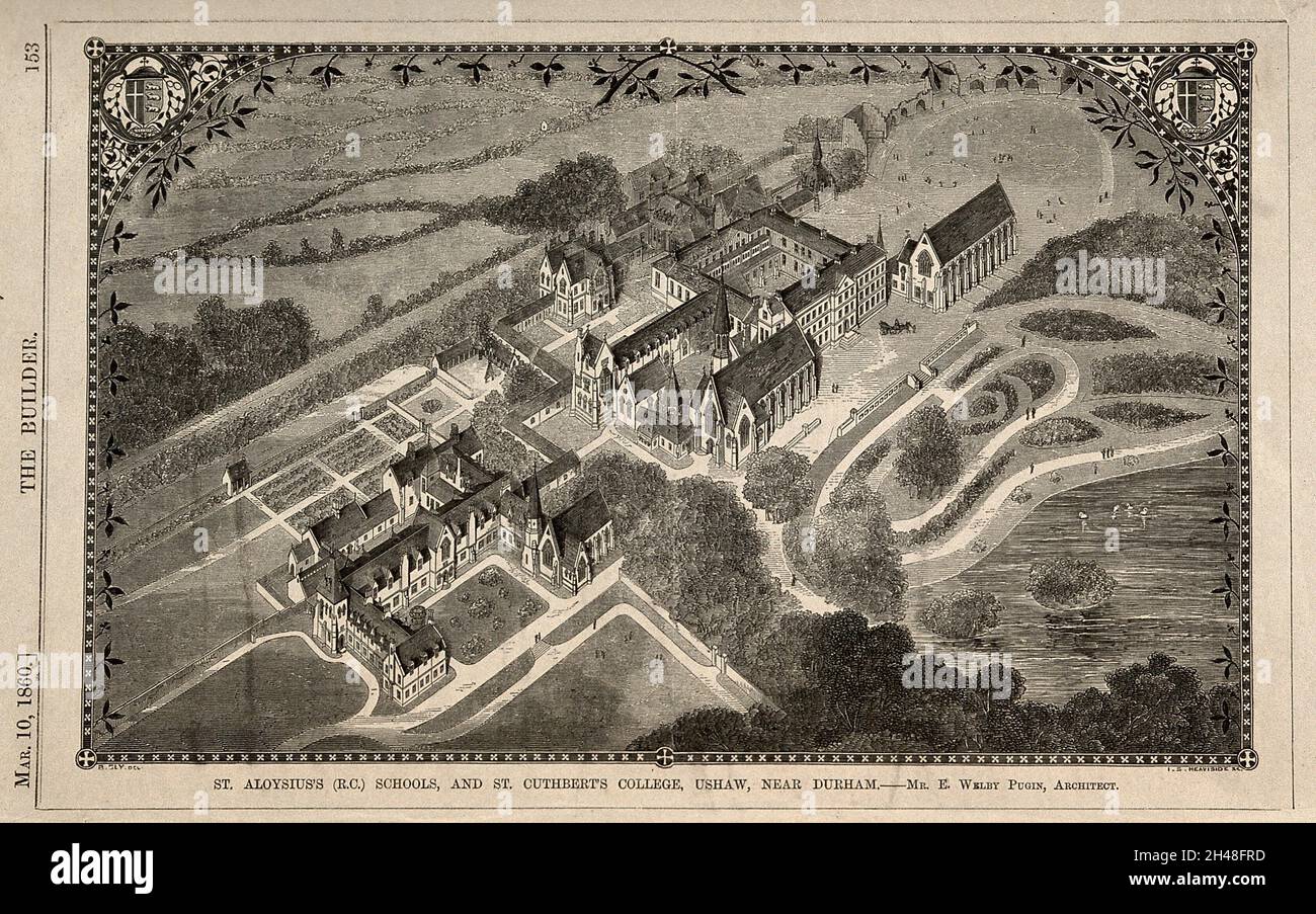 St. Aloysius's Schools und St. Cuthbert College, Ushaw, in der Nähe von Durham. Holzstich von I.S. Heaviside, 1860, nach B. Sly nach E. Welby Pugin. Stockfoto