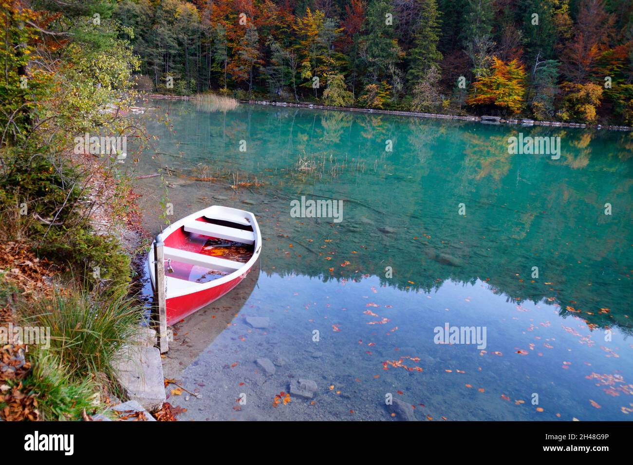 Eine malerische Aussicht auf den Alatsee und ein rotes Boot, das an einem schönen Herbsttag auf dem smaragdgrünen Wasser ruht (Bayern in Deutschland) Stockfoto