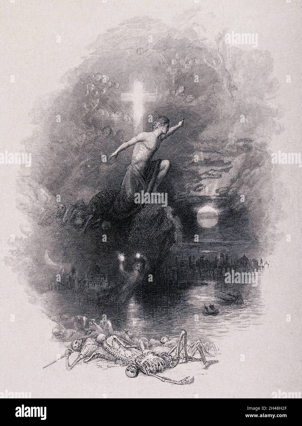 Eine männliche Gestalt erhebt sich von den Toten und steigt in den Himmel, wo ein weißes Kreuz erscheint. Ätzen. Stockfoto Eine männliche Gestalt erhebt sich von den Toten und steigt in den Himmel, wo ein weißes Kreuz erscheint. Ätzen. Stockfoto