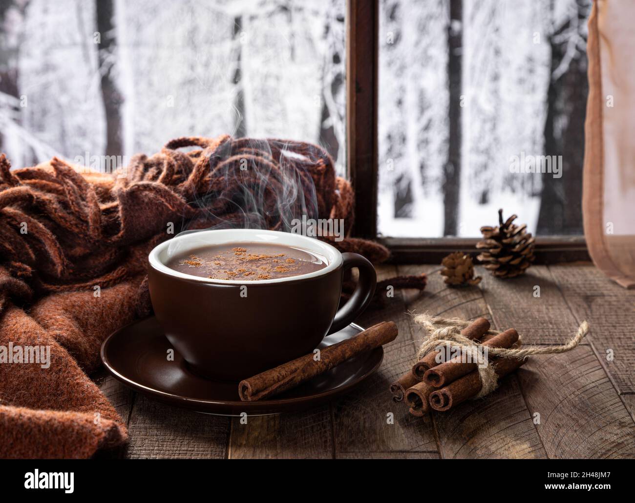 Dampfende Tasse heiße Schokolade mit Zimt auf einem Holztisch an einem Fenster mit winterlichem Hintergrund im Freien Stockfoto