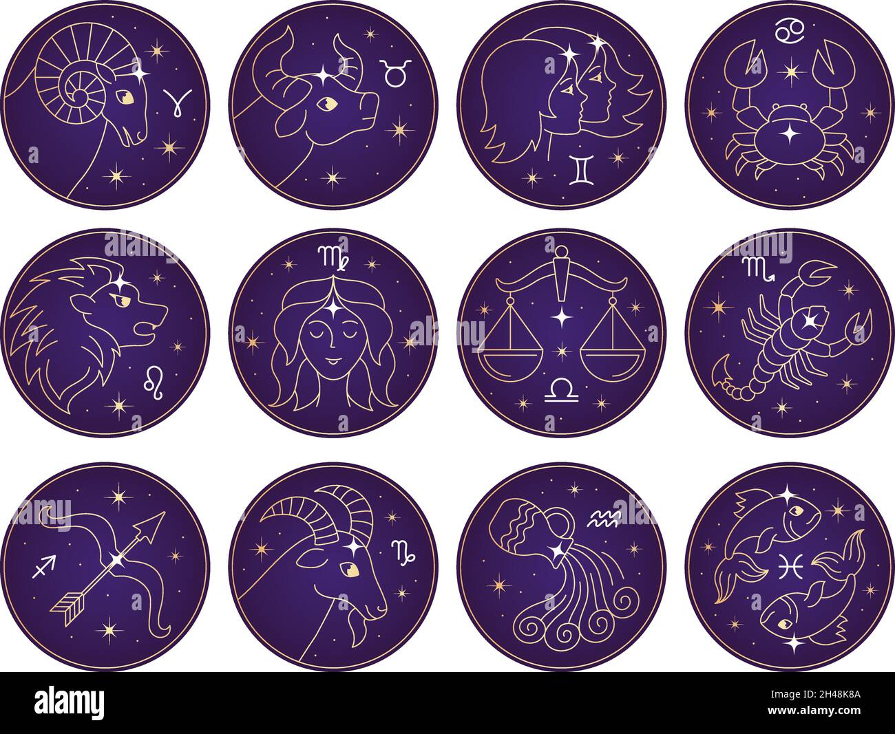 Horoskop-Zeichen. Tierkreiszeichen skorpion Krebs Skalen der Stier der Bogenschütze Astrologie zwillinge löwe jüngste Vektor-Symbole Sammlung Stock Vektor